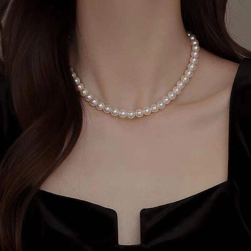 Luxury Gold Plated Faux Pearl Glass Bead Necklace 3-12mm with Magnetic Clasp for Women Anniversary Jewelry