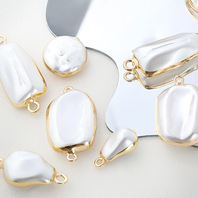 Caiying White Baroque Pearl Double-Sided Pendant Beads Irregular Shape Crystal Glass Beads Gold Plated Edge DIY Bracelet Necklace Jewelry Making Supplies Wholesale