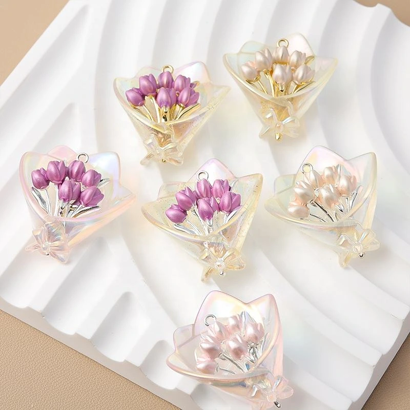 Custom Handmade Tulip Flower Glass Imitation Pearl Pendant Charm DIY Jewelry Accessory Wedding Decoration